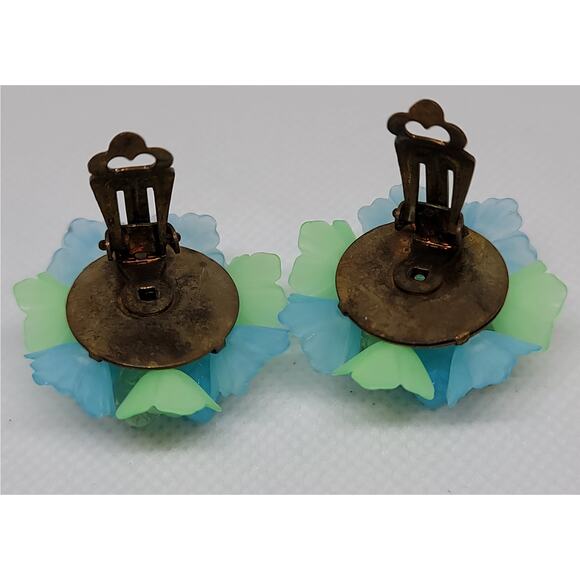 Vintage Mid Century Cluster Glass Clip On Flower Earrings Signed West Germany - Picture 4 of 8